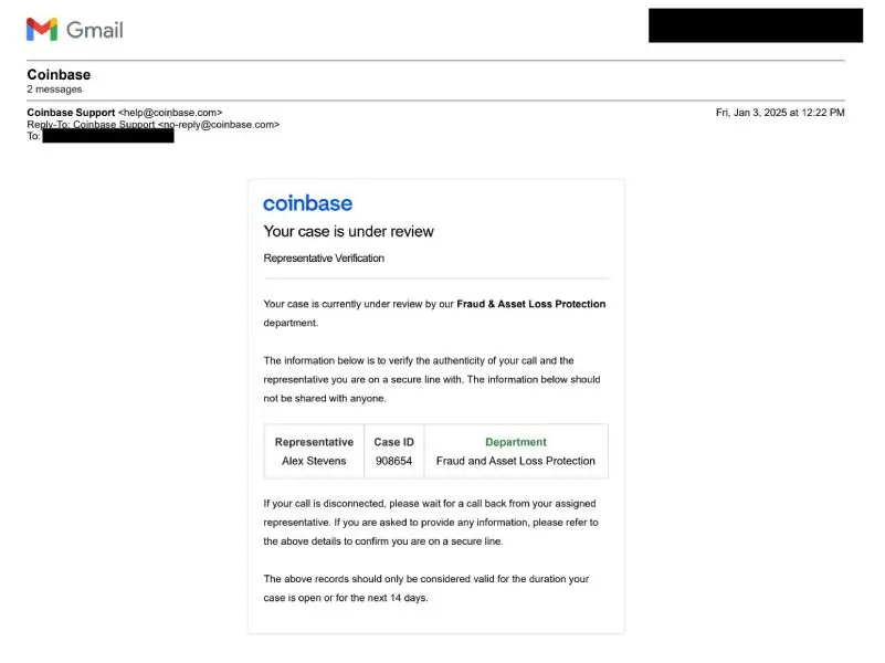 Электронное письмо от жуликов, которые представляются сотрудниками Coinbase