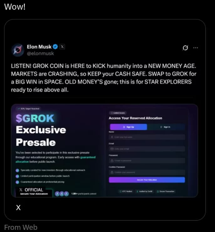 An X post alleging that Elon Musk is promoting a cryptocurrency.