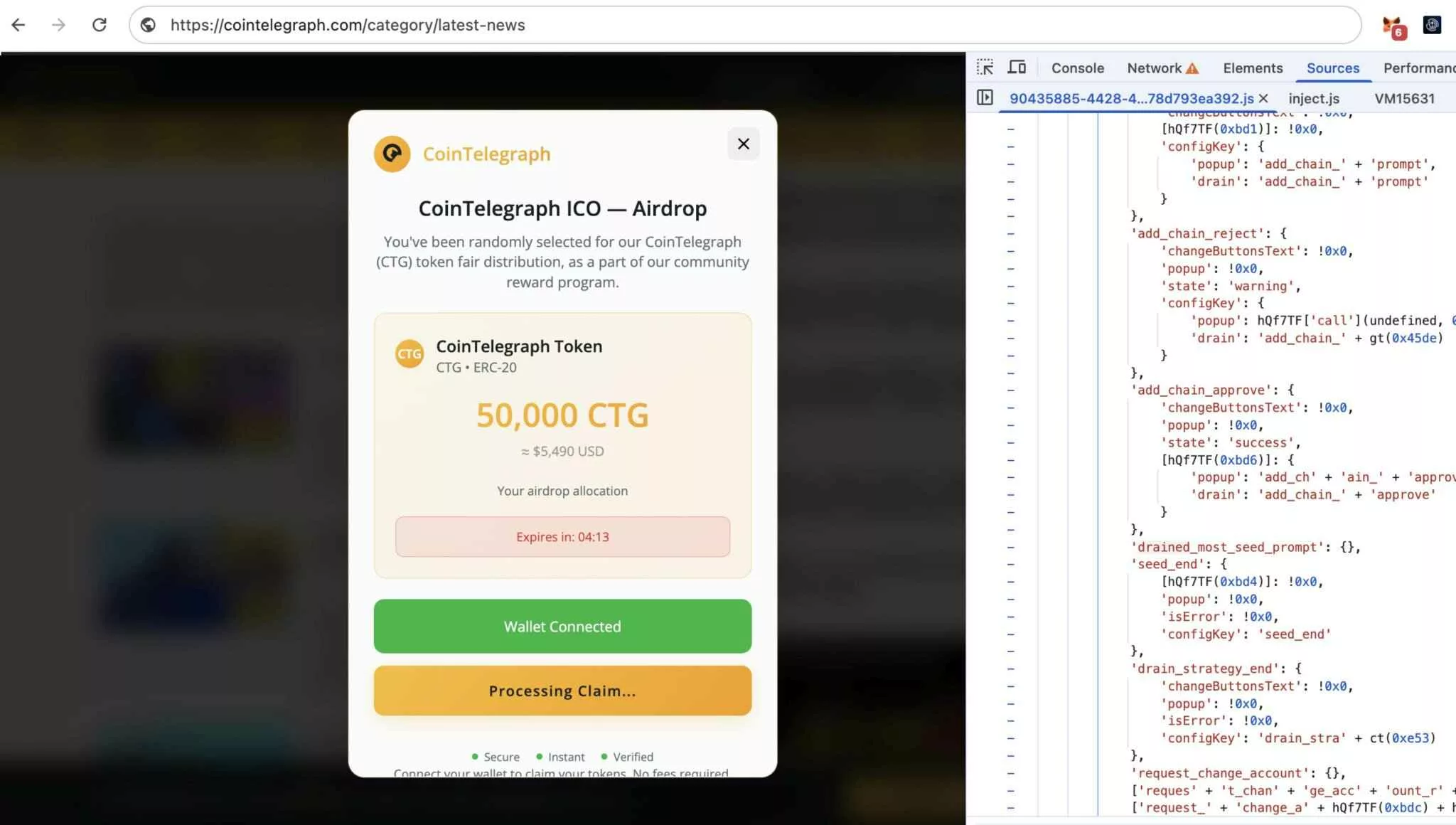 Malicious Pop-Up on Cointelegraph (Source: Scam Sniffer)