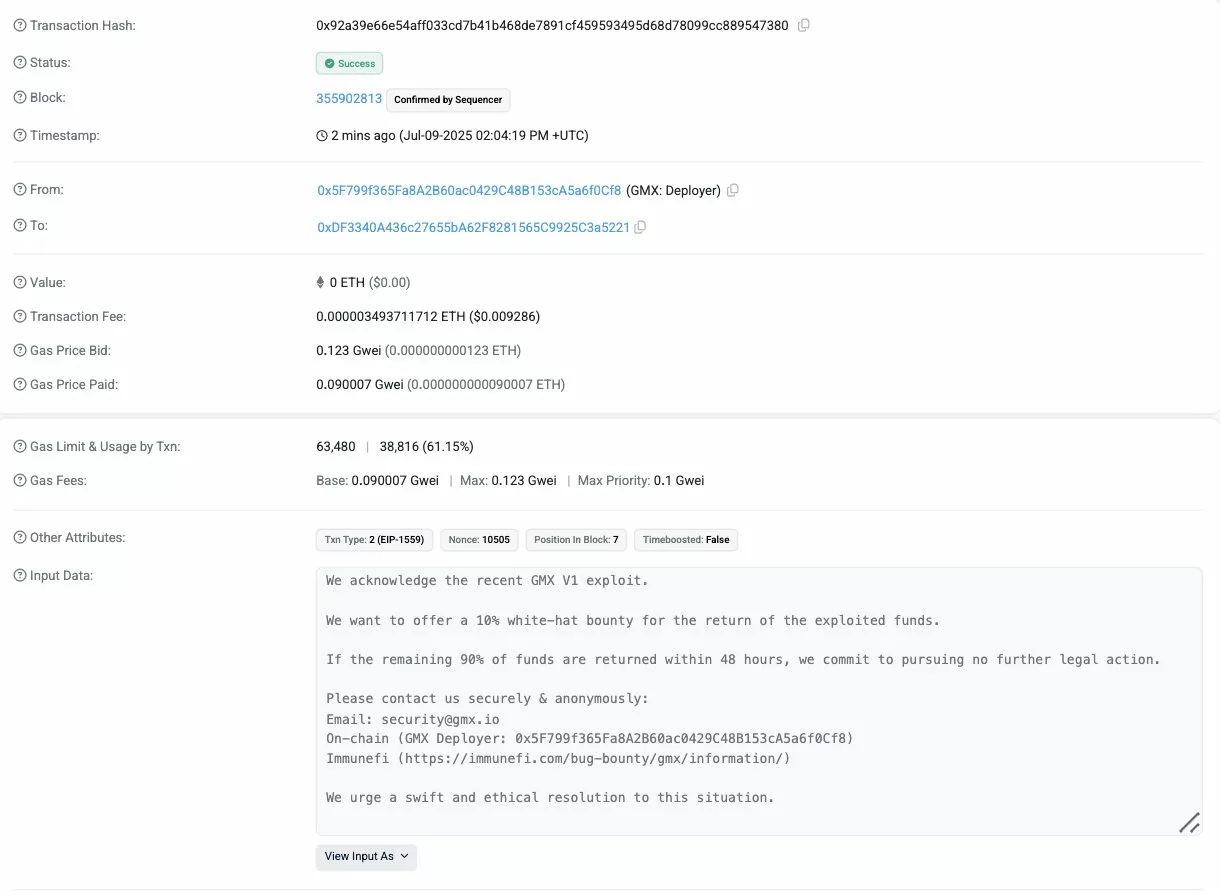 White-Hat Bounty Offer to GMX Exploiter. Source: X