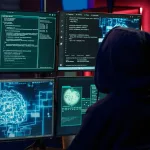 Cybercriminal using AI machine learning to develop zero day exploit undetectable by antivirus software. Hacker using artificial intelligence technology to build script tricking firewalls, camera