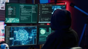 Cybercriminal using AI machine learning to develop zero day exploit undetectable by antivirus software. Hacker using artificial intelligence technology to build script tricking firewalls, camera