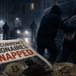 A newspaper headline reads cryptocurrency millionaires kidnapped while a handcuffed man is forced into a van.