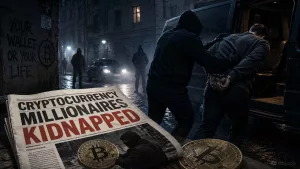 A newspaper headline reads cryptocurrency millionaires kidnapped while a handcuffed man is forced into a van.