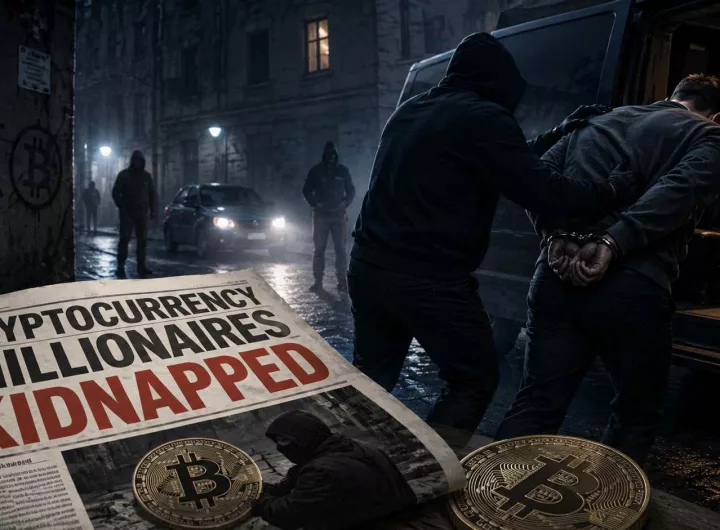 A newspaper headline reads cryptocurrency millionaires kidnapped while a handcuffed man is forced into a van.