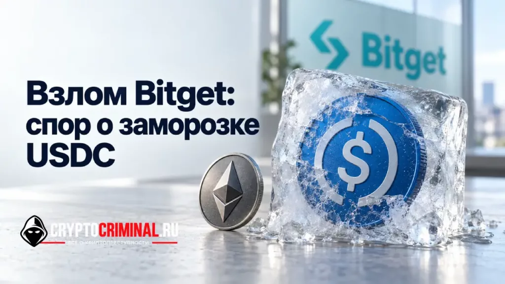 Обложка статьи о взломе Bitget: монета USDC во льду, символ Ethereum и заголовок о заморозке средств.