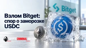 Обложка статьи о взломе Bitget: монета USDC во льду, символ Ethereum и заголовок о заморозке средств.
