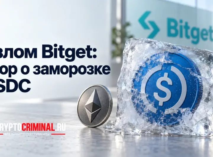 Обложка статьи о взломе Bitget: монета USDC во льду, символ Ethereum и заголовок о заморозке средств.