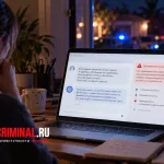 Женщина за ноутбуком с чатом Claude на фоне полицейских машин после передачи угрозы правоохранителям