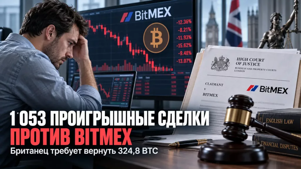 Британский трейдер на фоне графика BitMEX и судебной символики по делу о возврате 324,8 BTC
