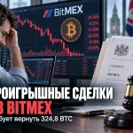 Британский трейдер на фоне графика BitMEX и судебной символики по делу о возврате 324,8 BTC