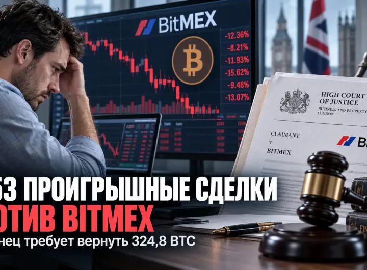 Британский трейдер на фоне графика BitMEX и судебной символики по делу о возврате 324,8 BTC