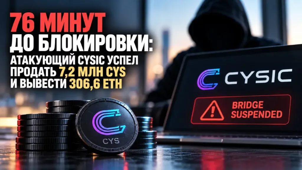 Обложка о взломе моста Cysic с предупреждением об остановке моста и данными о продаже 7,2 млн CYS