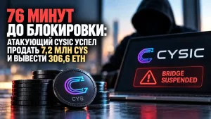 Обложка о взломе моста Cysic с предупреждением об остановке моста и данными о продаже 7,2 млн CYS