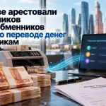 Наличные рубли, криптообменник и интерфейс перевода криптовалюты на фоне Москвы
