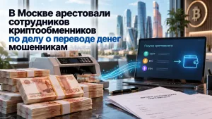 Наличные рубли, криптообменник и интерфейс перевода криптовалюты на фоне Москвы