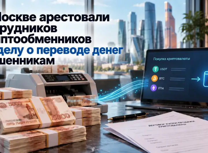 Наличные рубли, криптообменник и интерфейс перевода криптовалюты на фоне Москвы