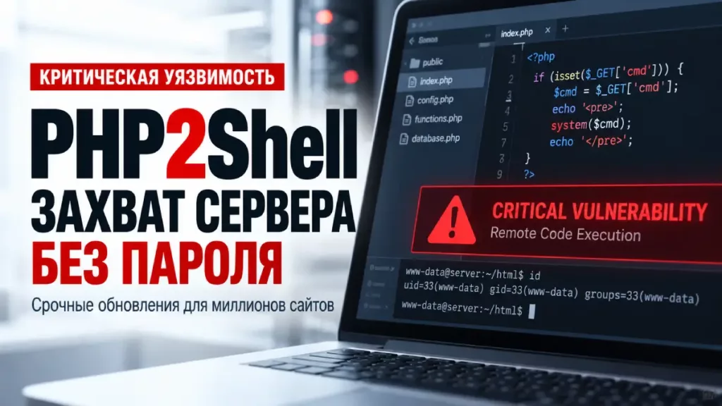 Обложка о критической уязвимости PHP2Shell, позволяющей удаленно выполнять команды на сервере