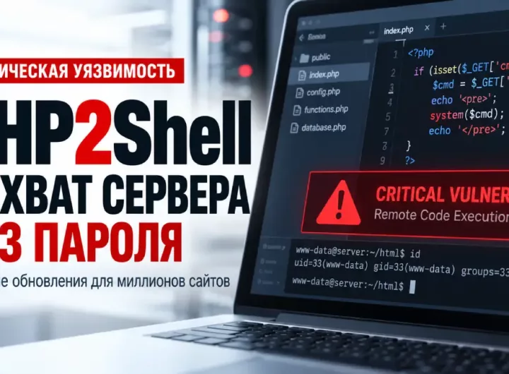 Обложка о критической уязвимости PHP2Shell, позволяющей удаленно выполнять команды на сервере
