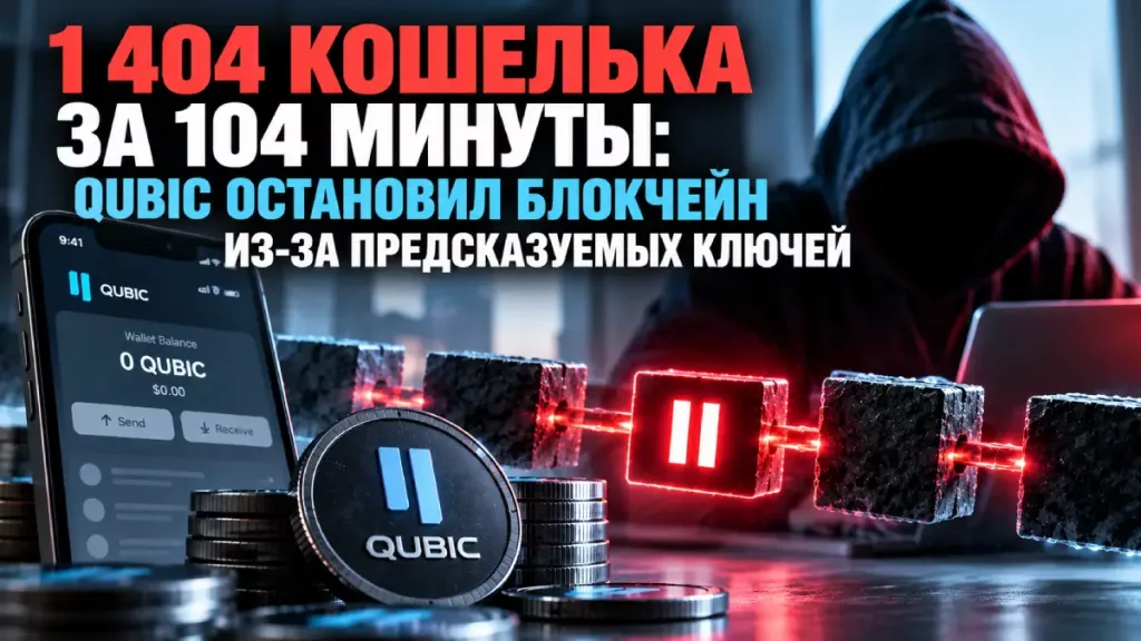 Обложка об атаке на 1 404 кошелька Qubic и остановке блокчейна из-за предсказуемых ключей