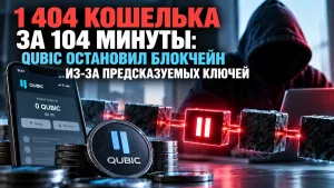 Обложка об атаке на 1 404 кошелька Qubic и остановке блокчейна из-за предсказуемых ключей